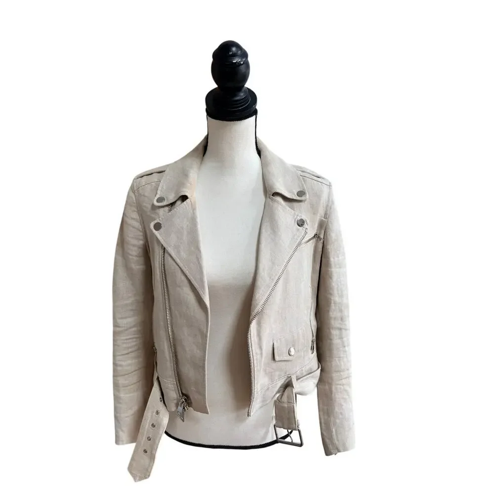 Theory Linen Moto Jacket Womens Medium Beige Lightweight Belted Biker